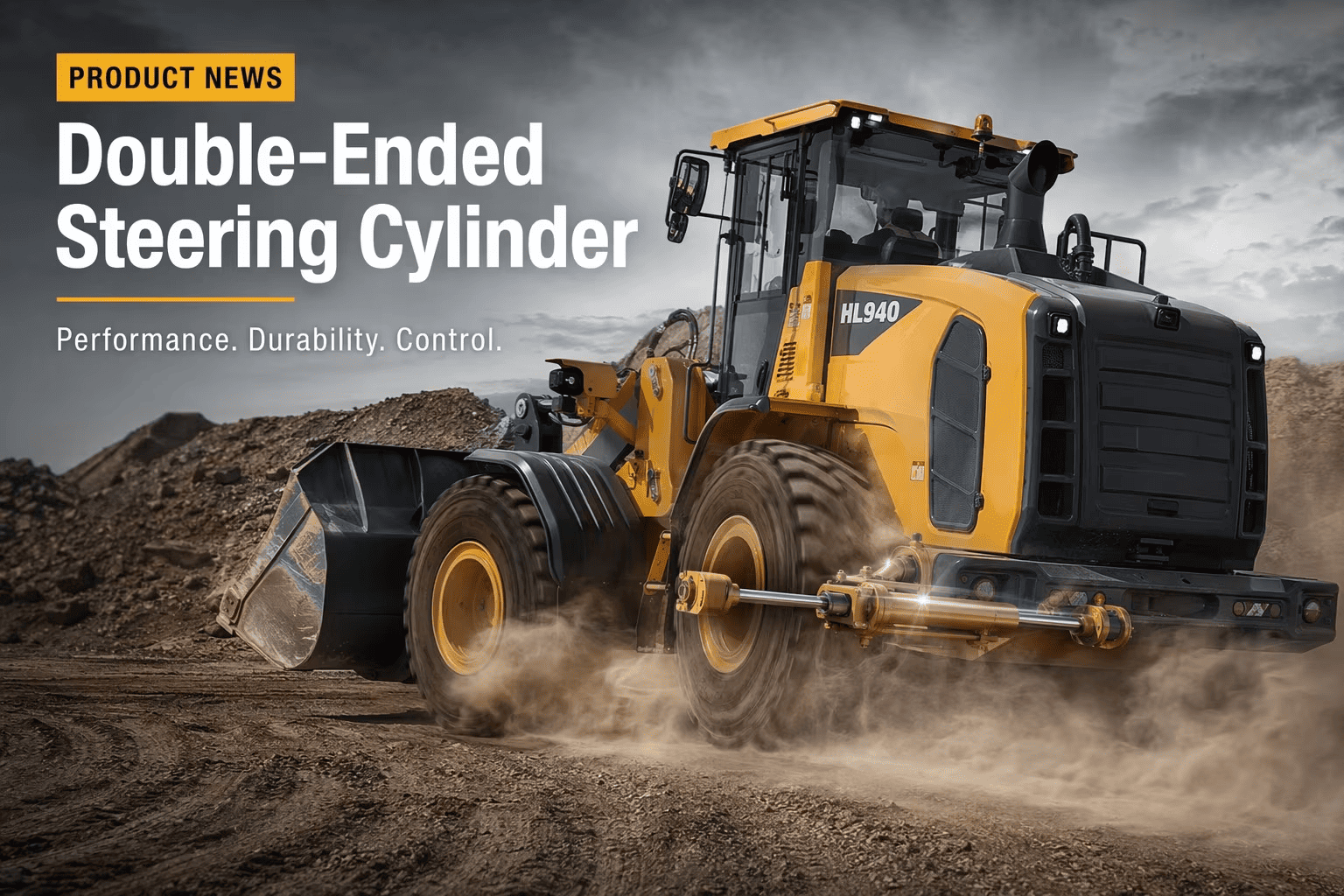Double-ended steering hydraulic cylinder on heavy duty front loader